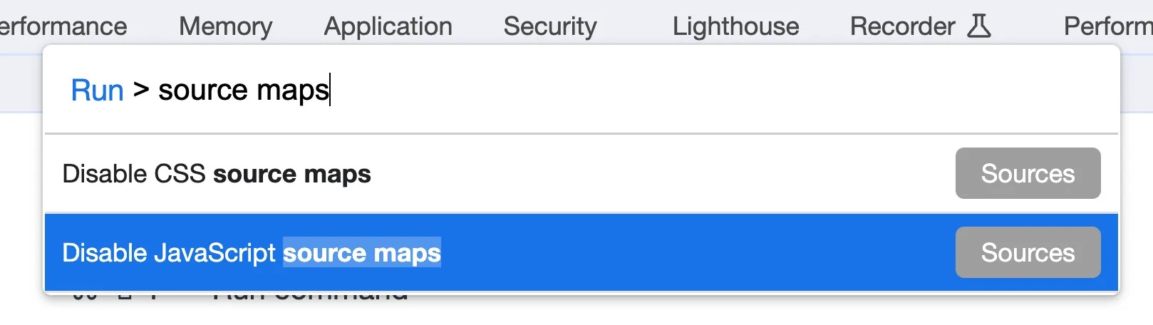 Screenshot of Chrome command palette showing options to toggle CSS and JavaScript source maps