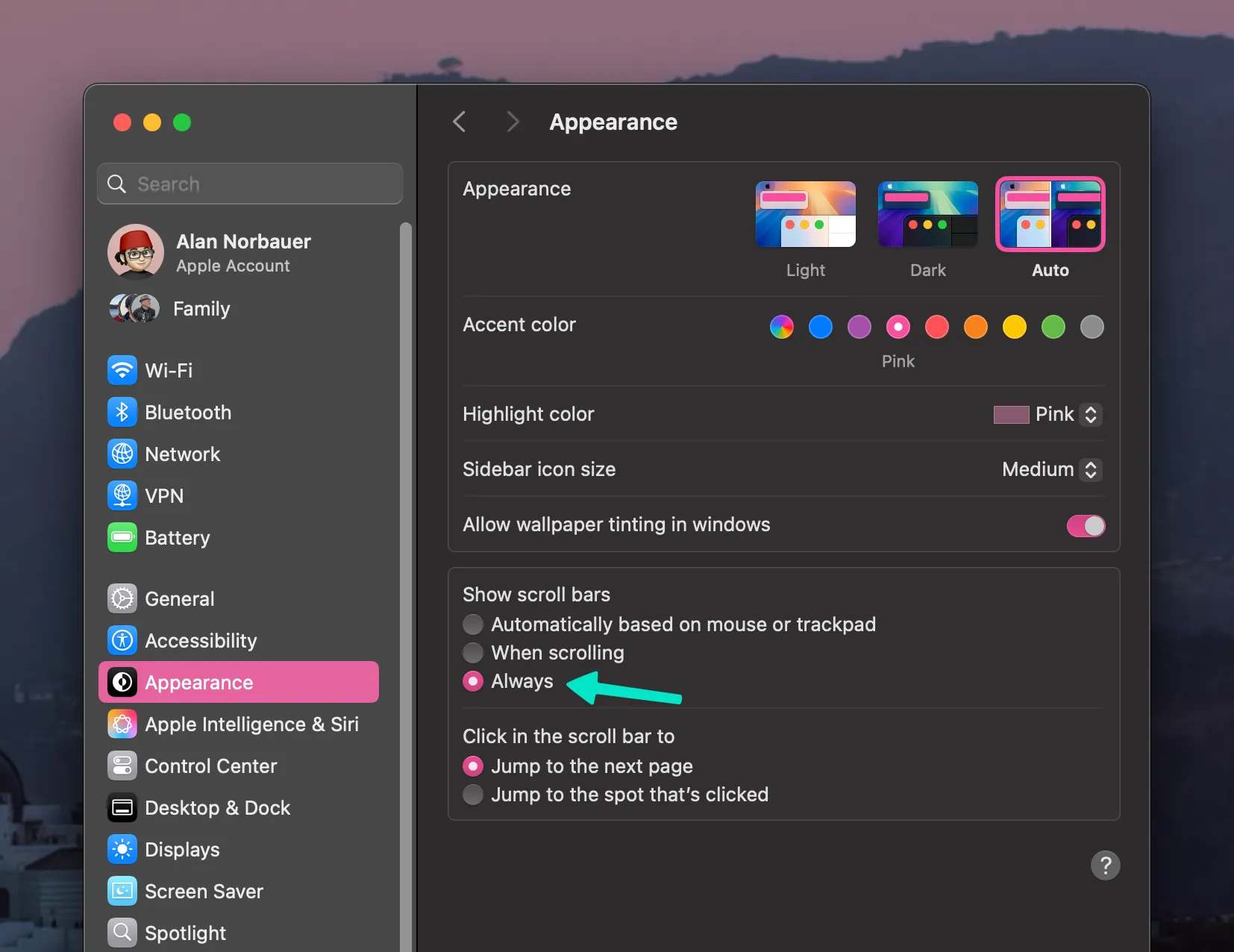 Screenshot of macOS System Preferences showing how to enable scrollbars