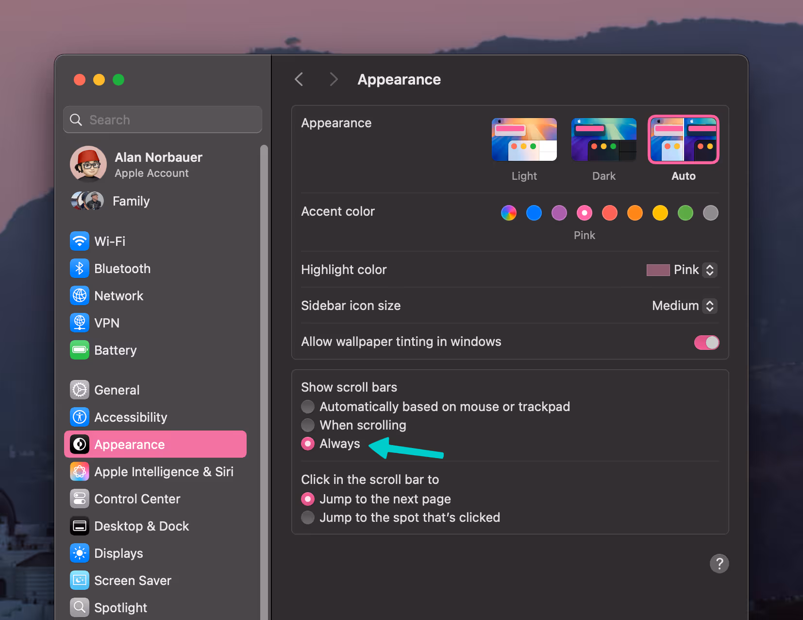 Screenshot of macOS System Preferences showing how to enable scrollbars