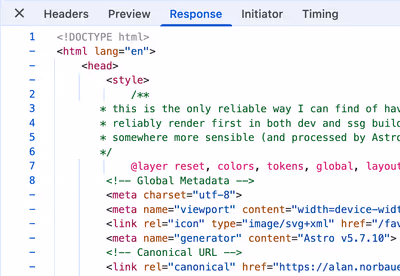 Screenshot from 'View Source' from an article on this website, before any prettification. Very ugly looking source code.