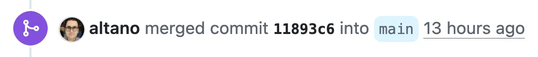GitHub UI showing “altano merged commit 11893c6 into main”