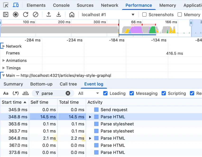 Screenshot of Chrome's developer tools showing where the "Parse HTML" data can be found