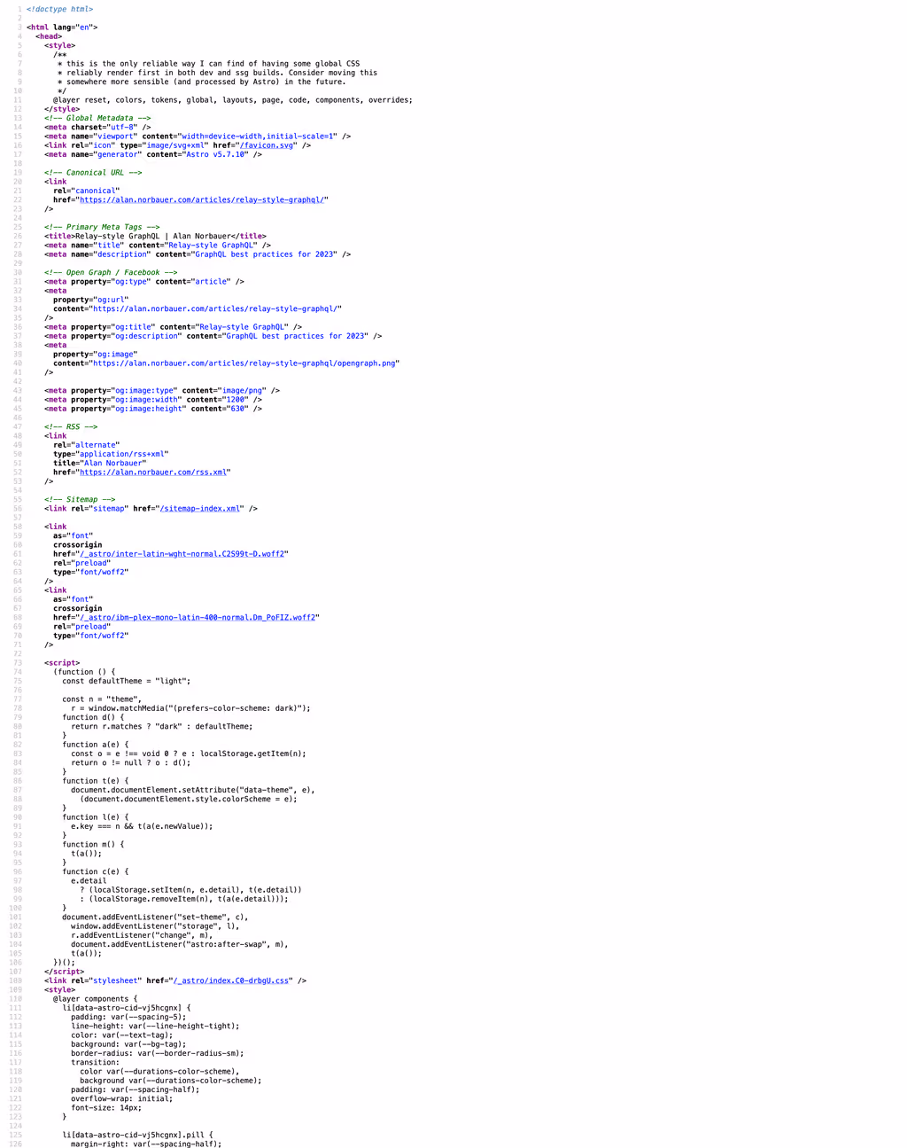 Screenshot from 'View Source' from an article on this website, as pretty-printed by Prettier.