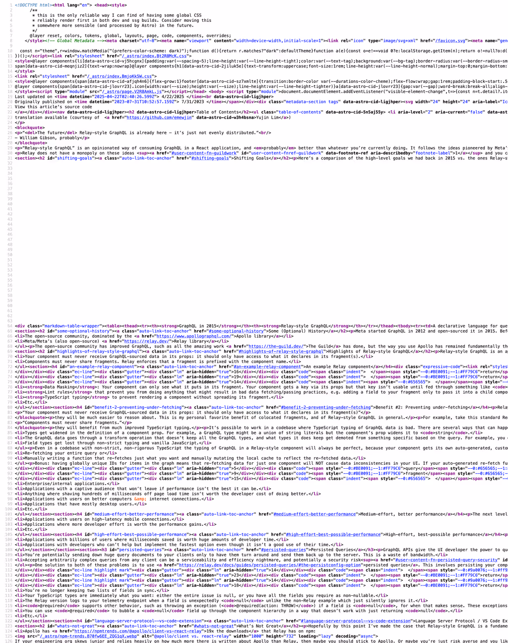Screenshot from 'View Source' from an article on this website, as pretty-printed by Chrome's developer tools.