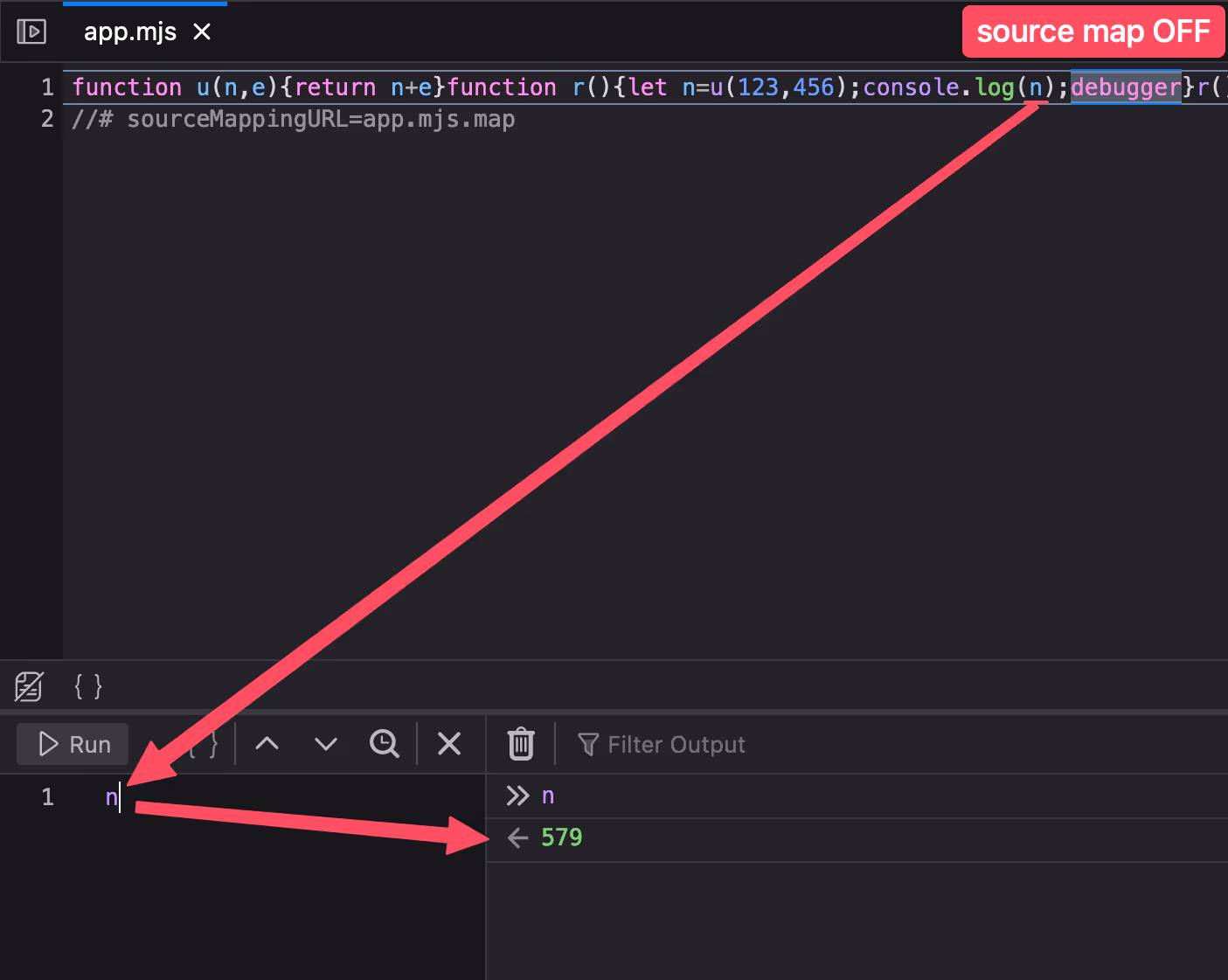 Screenshot of the Firefox console with source maps off