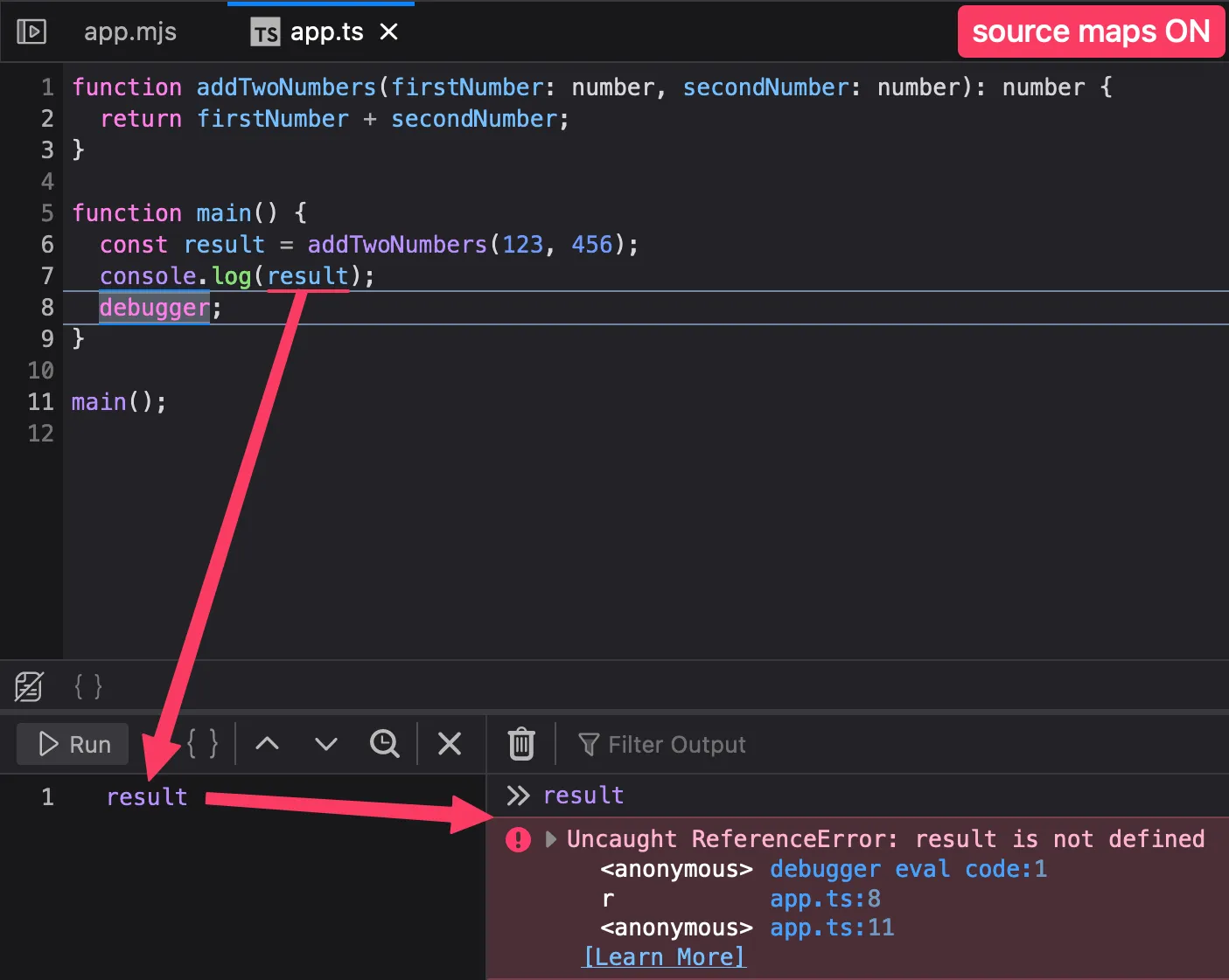 Screenshot of the Firefox console with source maps on