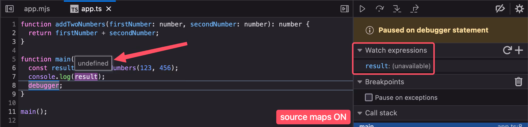 Screenshot of the Firefox debugger with source maps on