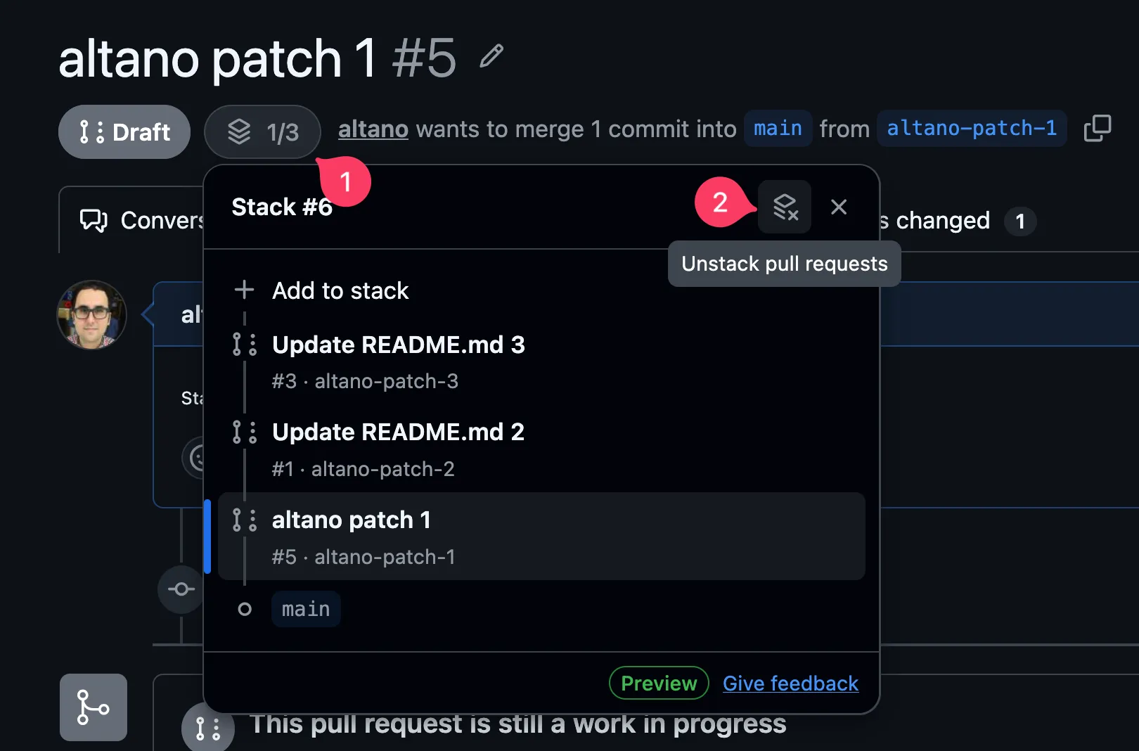 Screenshot of GitHub stack UI showing the “Unstack pull requests”“ button