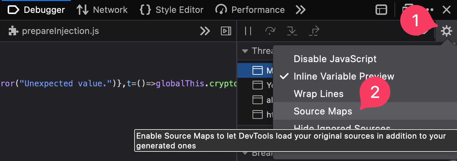 Screenshot of Firefox Debugger showing option to toggle JavaScript map for current file