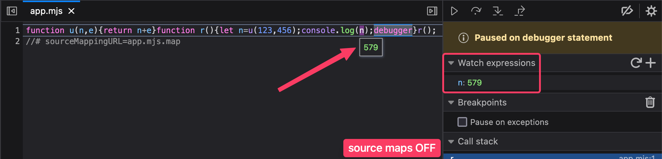 Screenshot of the Firefox debugger with source maps off